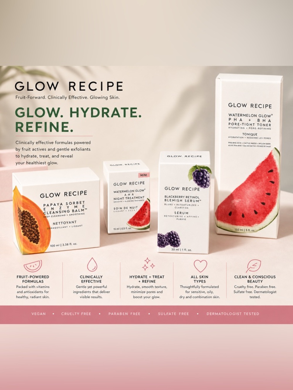 Glow Recipe Bundle Of 4 - Papaya Balm, Watermelon Toner& AHA, BlackBerry Serum,